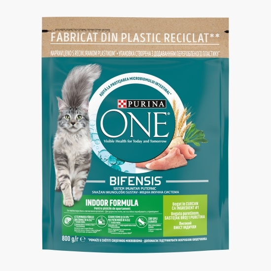 Hrană uscată pentru pisici adulte, 800g, One Bifensis Indoor, curcan și cereale integrale