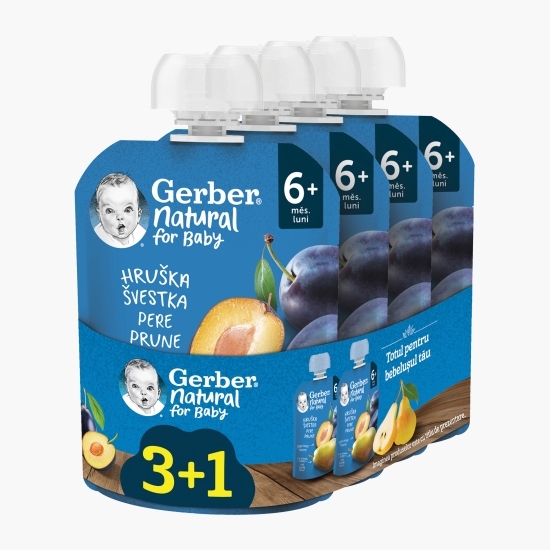 Piure natural de prune și pere, +6 luni, 4x90g (3+1)