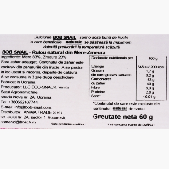Rulouri naturale din mere și zmeură, fără zahăr adăugat 60g