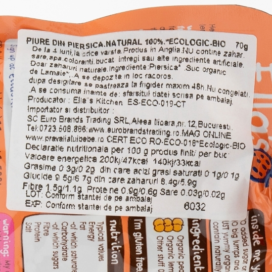 Piure ecologic de piersică, +4 luni, 70g