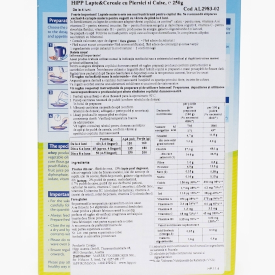 Gustare lapte și cereale cu piersici și caise, +4 luni, 250g