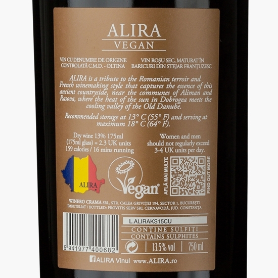 Vin roșu sec vegan Merlot, Cabernet Sauvignon, 13.5%, 0.75l