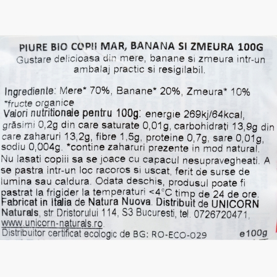 Piure eco din măr, banană și zmeură, pentru bebeluși 6+ luni, 100g