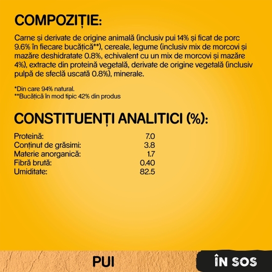 Hrană umedă pentru câini adulți, 100g, cu pui și legume în sos
