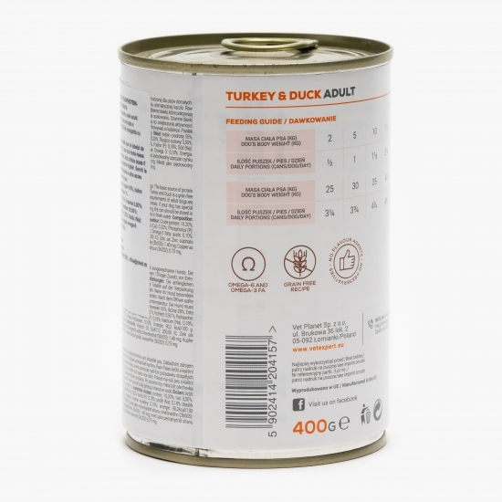 Hrană umedă pentru câini adulți, 400g, cu rață și curcan 