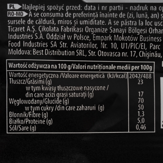 Baton cu glazură de ciocolată cu lapte și interior de nuga cu cacao, caramel și biscuiți 40g