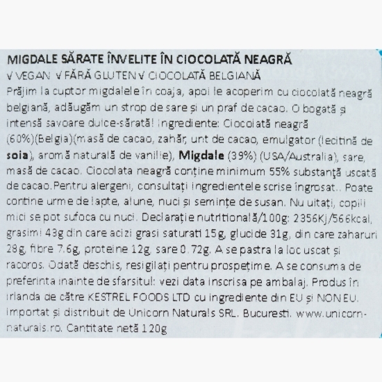 Migdale sărate învelite în ciocolată belgiană neagră 120g