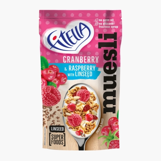 Muesli cu merișoare, zmeură și semințe de in, 50g