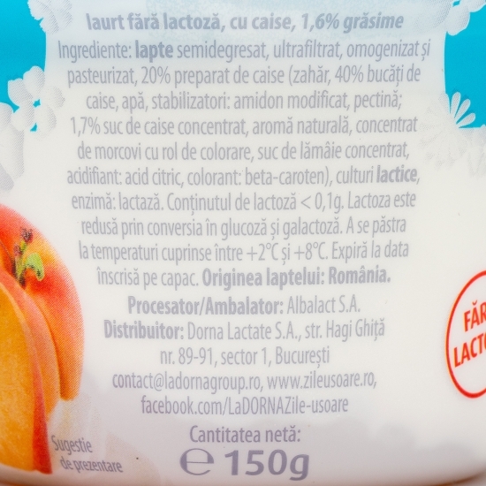Iaurt cu caise fără lactoză, 1.6% grăsime, 150g