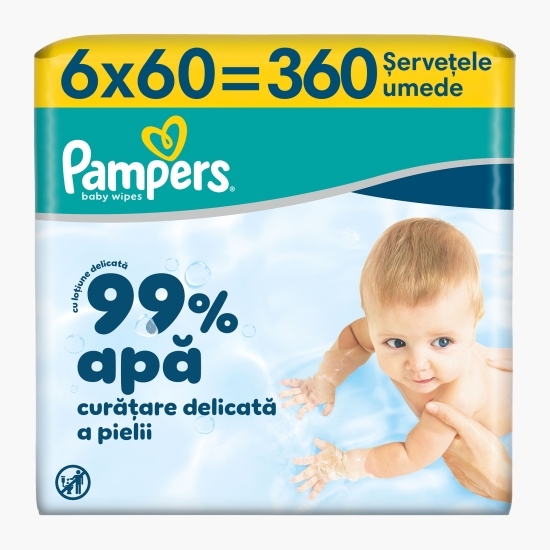 Șervețele umede pentru bebeluși, 99% apă, 6 pachete x 60 buc 