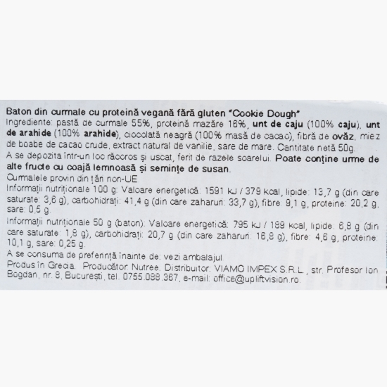 Baton proteic din curmale Cookie Dough, fără gluten, vegan, 50g