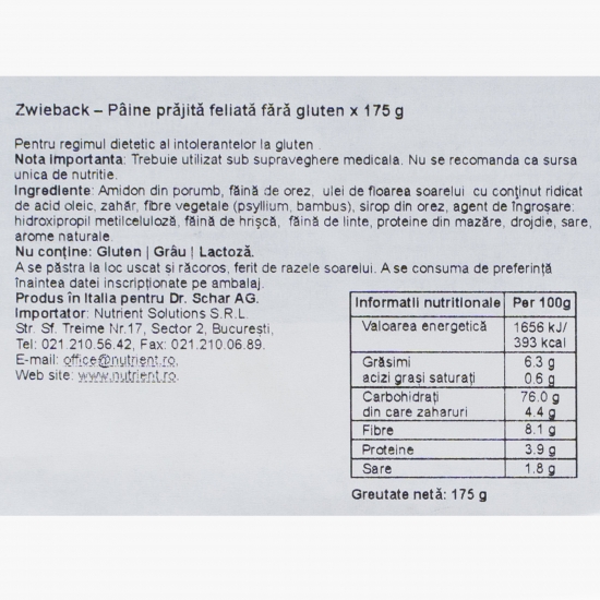 Pâine prăjită feliată fără gluten 175g 