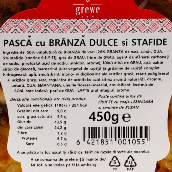 Pască cu brânză dulce și stafide 450g