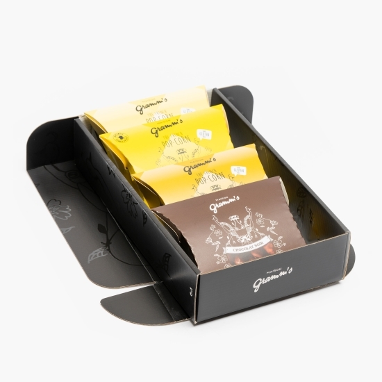 Cutie cadou 4 pliculețe popcorn cu ciocolată neagră 120g