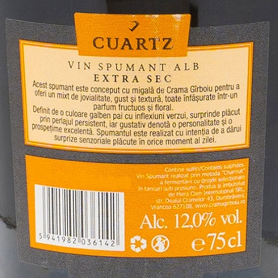 Vin spumant alb extra sec Cuartz Fetească Albă, 12%, 0.75l