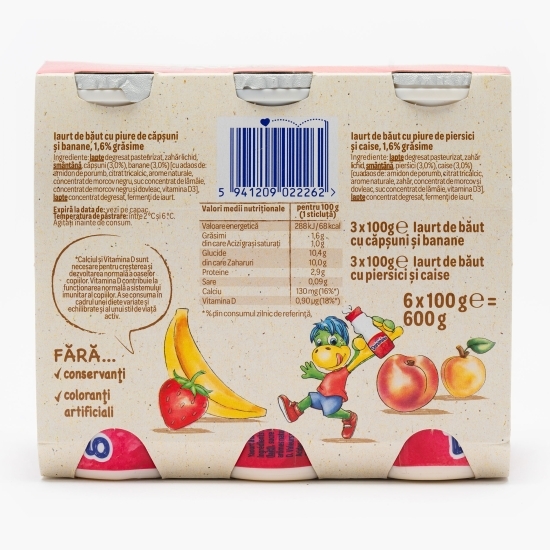Iaurt de băut cu piure de căpșuni/ banane și piersici/caise 6x100g 