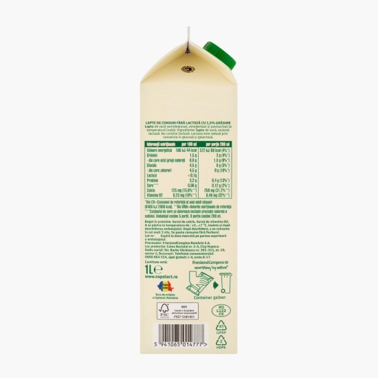 Lapte fără lactoză 1.5% grăsime, 1l