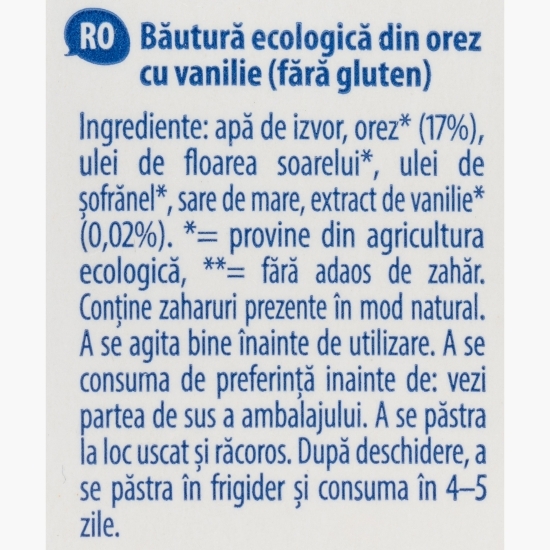 Băutură ecologică din orez cu vanilie, fără gluten și zahăr adăugat 1l