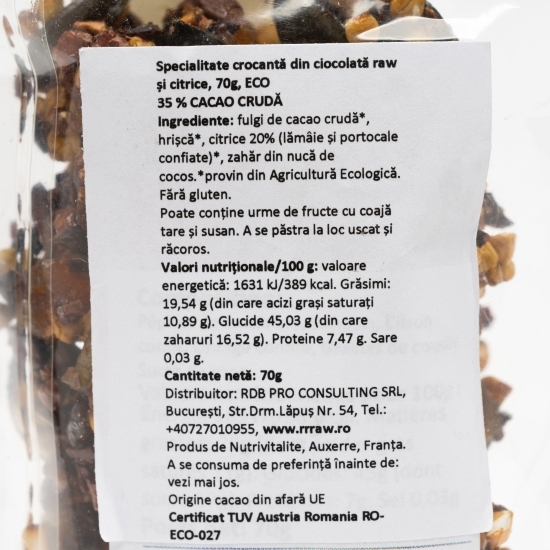 Specialitate crocantă din ciocolată raw și citrice eco 70g