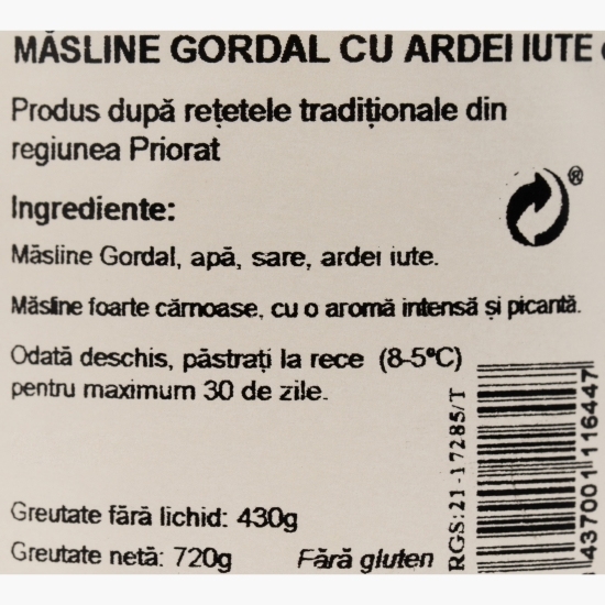 Măsline Gordal cu ardei iute, 430g