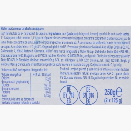 Iaurt fără lactoză, cu căpșuni, 2x125g