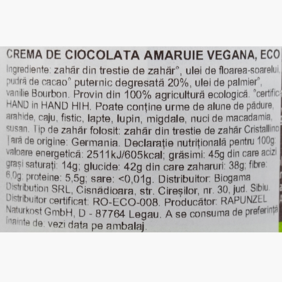 Cremă de ciocolată amăruie eco vegană, 250g