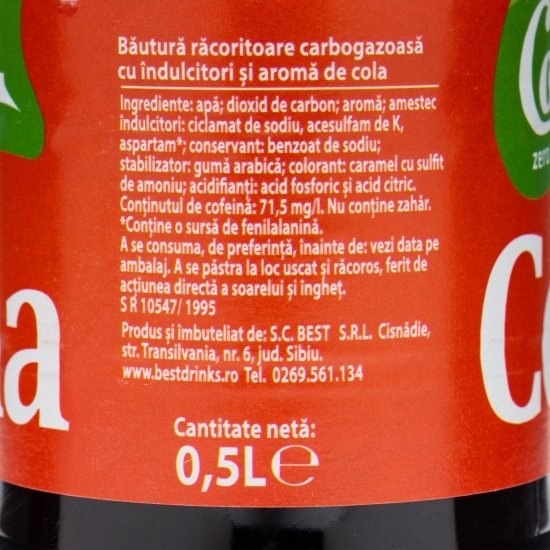 Băutură carbogazoasă cola fără zahăr 0.5l