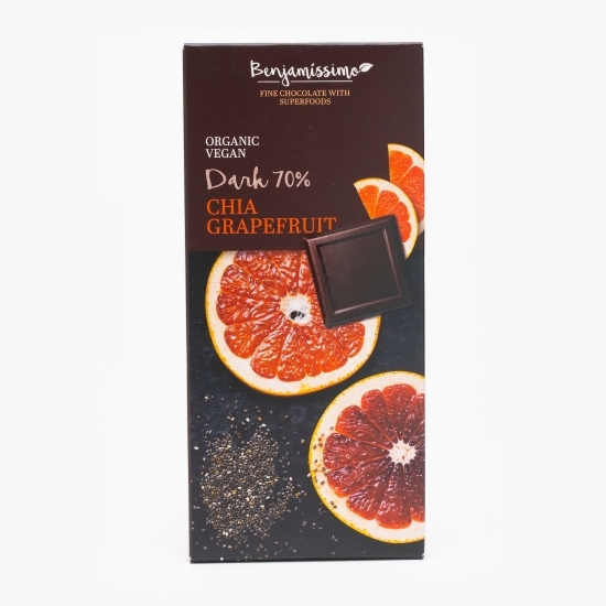 Ciocolată neagră eco vegană cu 70% cacao și aromă de chia și grepfrut 70g
