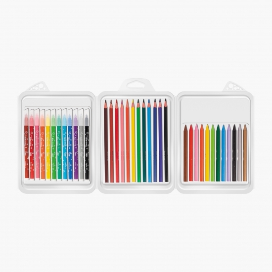 Pachet mixt pentru colorat: 12 x creioane colorate, 12 x markere de colorat și 12 x creioane cerate 