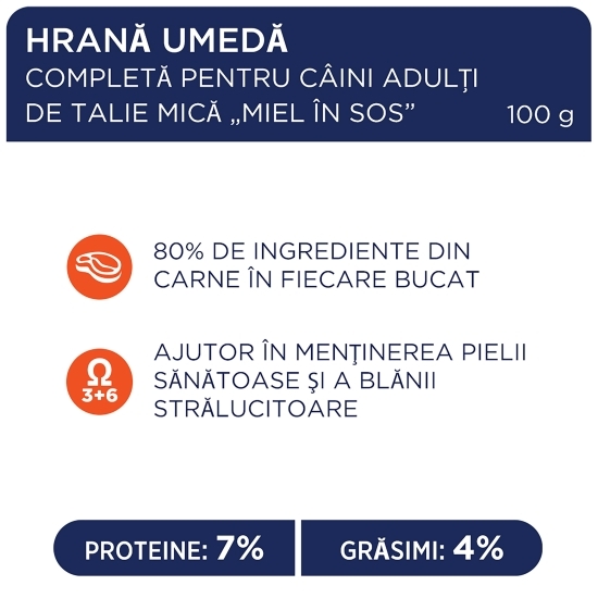 Hrană umedă completă cu miel în sos, pentru câini de rase mini și mici, S, 100g 
