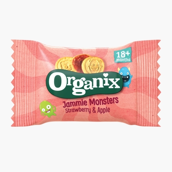 Biscuiți ecologici pentru copii, cu umplutură de căpșuni și mere, 18+ luni, 64g