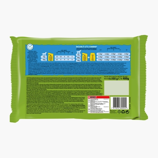 Hrană umedă pentru câini junior, 4 x 100g, cu pui și morcovi în sos
