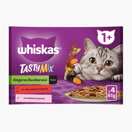 Hrană umedă pentru pisici adulte 4x85g, Tasty Mix cu vită, pasăre și legume, cu somon și morcov