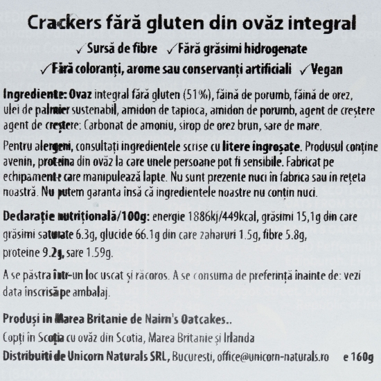 Biscuiți crackers fără gluten din ovăz integral 160g