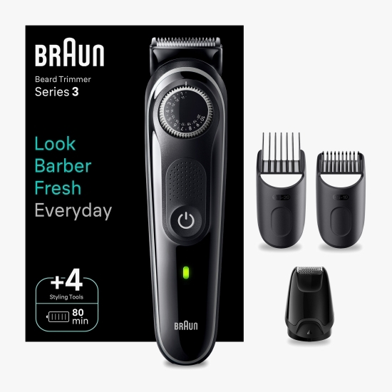 Aparat de tuns barba Beard Trimmer BT3440 Wet&Dry, buton rotativ de precizie, 40 de setări pentru lungime, 1 mini-aparat de ras, 2 piepteni de precizie, autonomie 80 minute, negru/gri