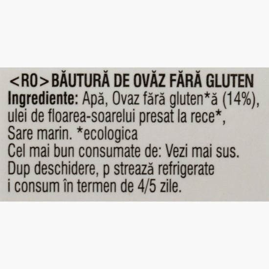 Băutură vegetală eco din ovăz, fără gluten și fără zahăr 1l
