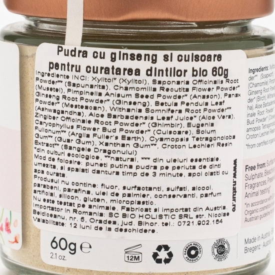 Pudră cu ginseng și cuișoare pentru dinți, bio 60g