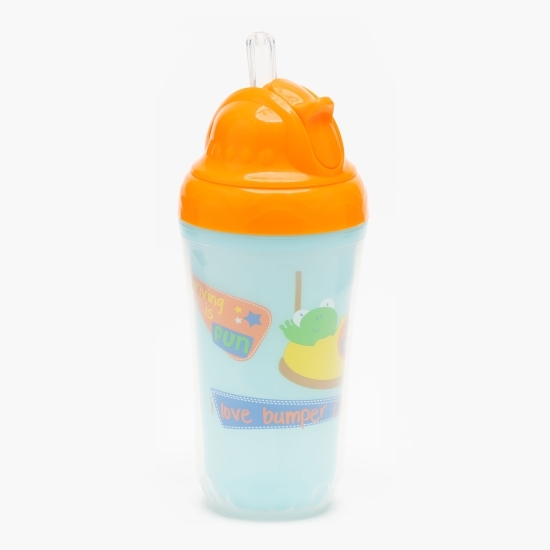Cană termos bleu cu pai și capac portocaliu, 9+ luni, 300ml