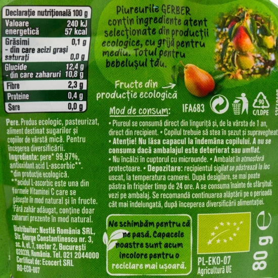 Piure ecologic de pere 80g, +4 luni