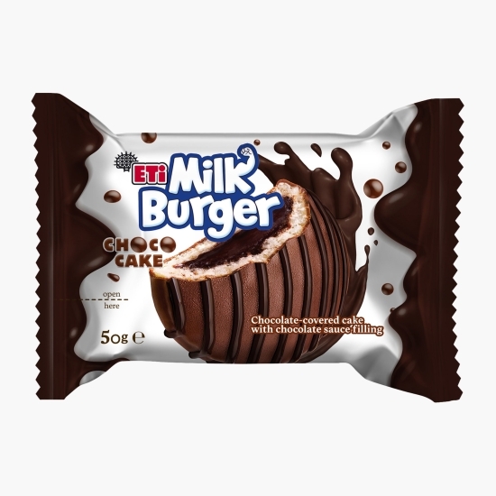 Prăjitură Milk Burger acoperită cu ciocolată cu lapte și cu umplutură de ciocolată 50g