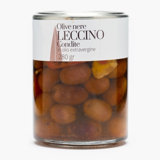 Măsline negre Leccino cu sâmburi, condimentate, în ulei de măsline extravirgin, by Măslinescu 280g