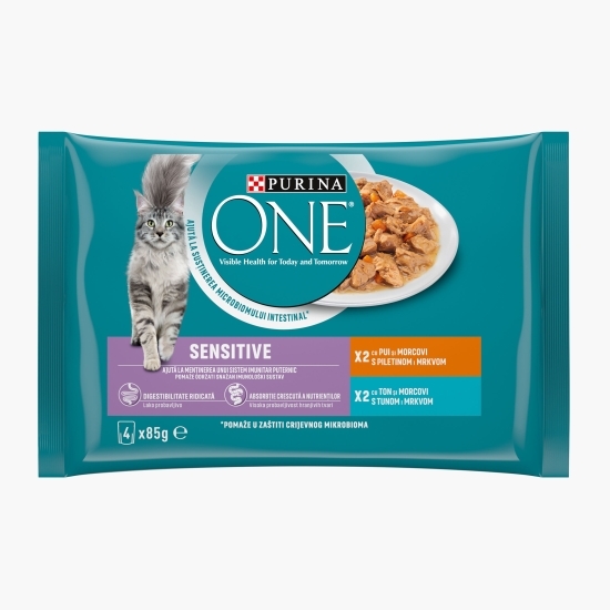 Hrană umedă pentru pisici, 4x85g, One Sensitive Multipack cu pui/ton și morcovi