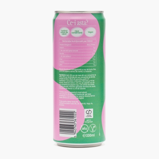 Băutură răcoritoare carbogazoasă prebiotică cu aromă de pepene roșu și mentă, doză 330ml
