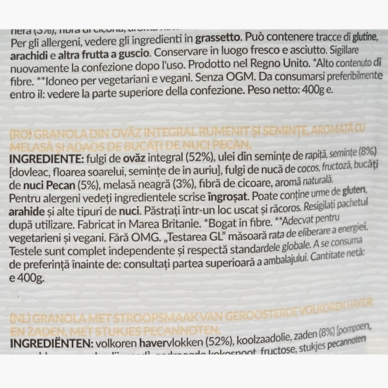 Musli din ovăz integral rumenit și semințe, cu melasă și nuci pecan 400g