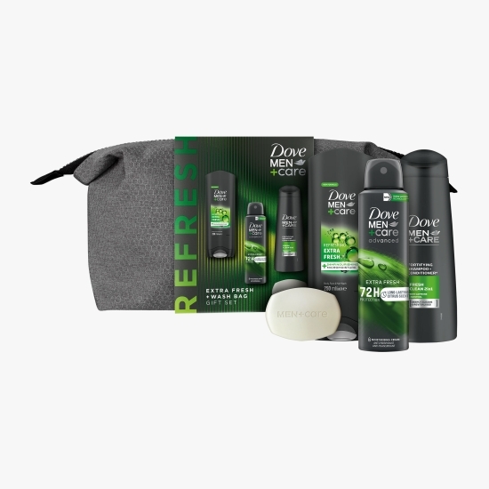 Set cadou Men+Care Extra Fresh premium: gel de duș 250ml + deodorant 150ml + șampon + săpun 90g + geantă cadou