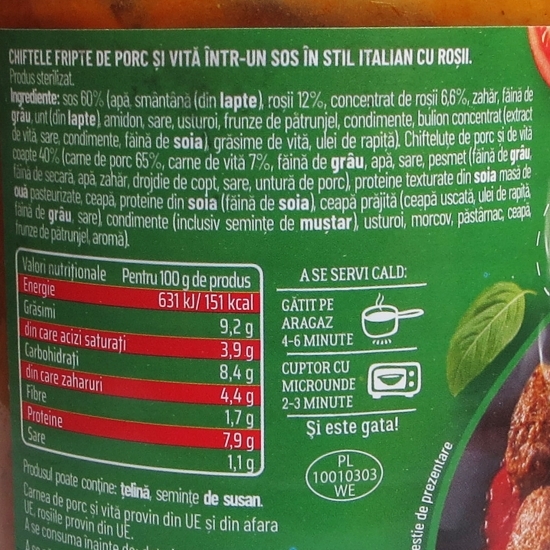 Chifteluțe de porc și vită coapte în sos italian 400g