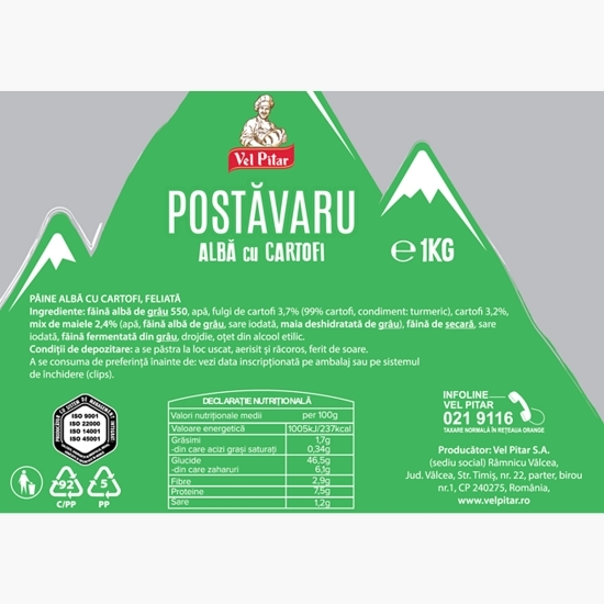 Pâine albă cu cartofi, feliată, 1kg