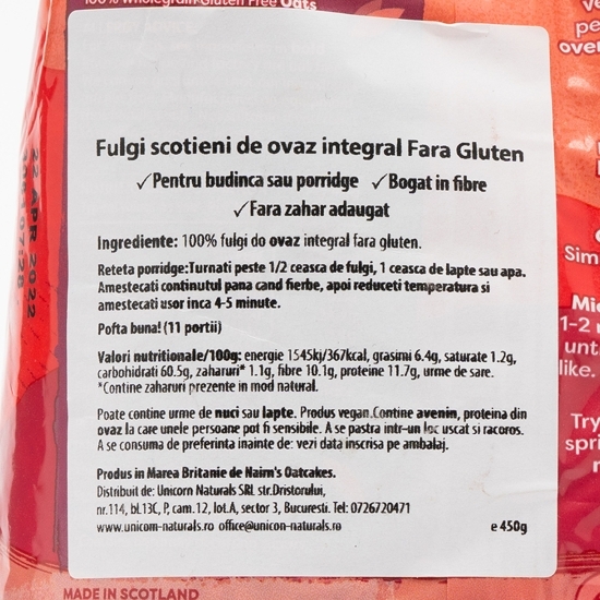 Porridge fulgi de ovăz integral fără gluten 450g