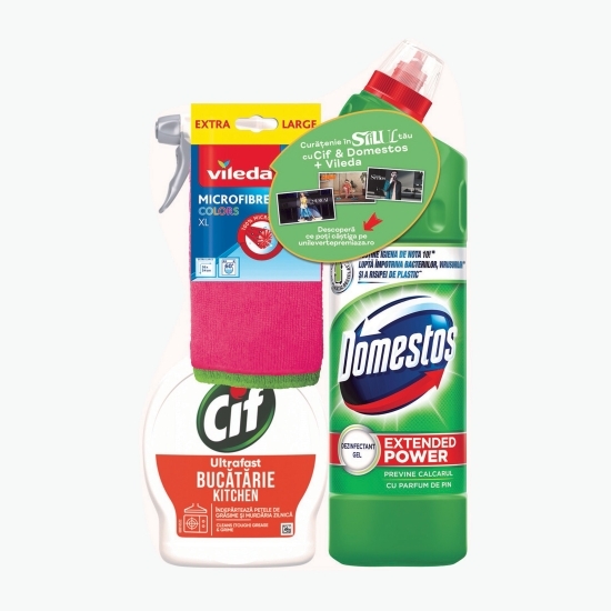 Pachet curățenie: Dezinfectant Pin 0.75l + Spray Bucătărie 0.5l + Pachet lavete microfibră