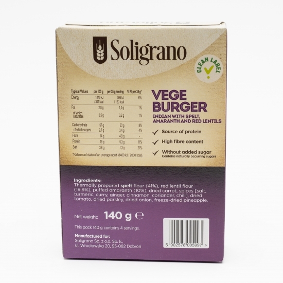 Burger vegan indian cu spelta, amaranth și linte roșie 140g